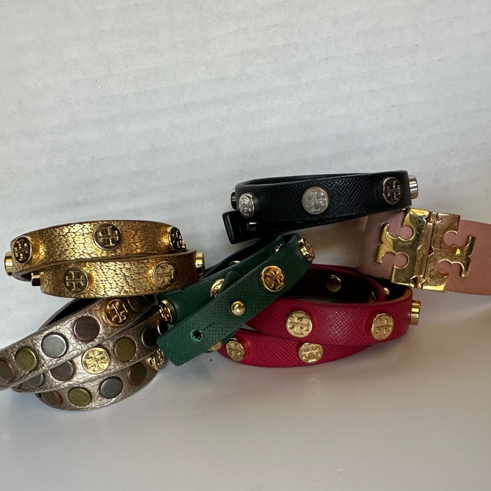 6 Tory Burch Leather Wrap Bracelet Stud Red Green Silver Black Gold Pink Set of6 - Picture 4 of 10
